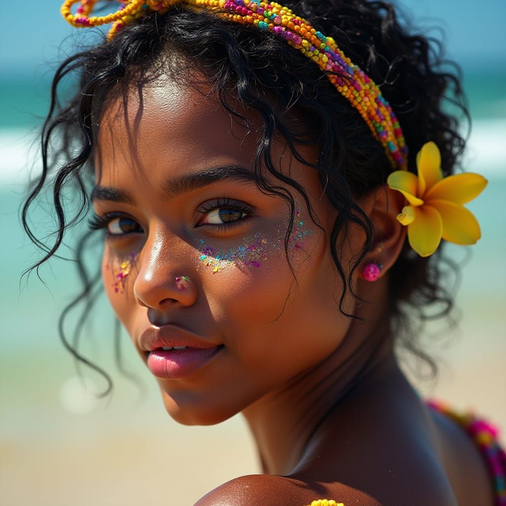 Brazilian Woman in Beachwear, Hyperrealistic Splash Art