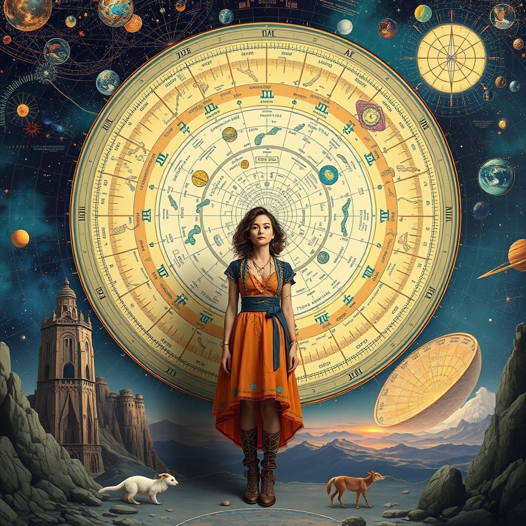 Woman and Cosmologic Calendar in Digital Art Style