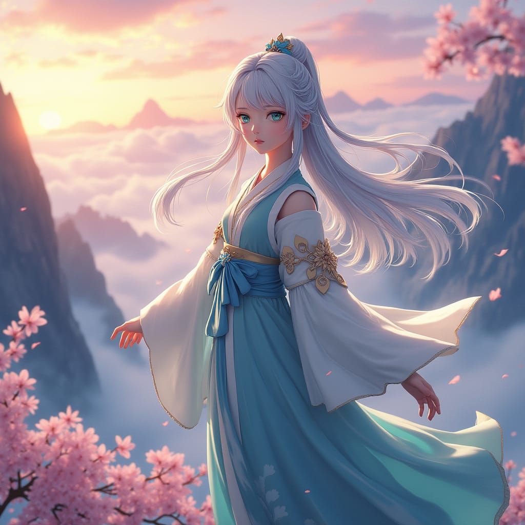Ethereal Hanfu Maiden Ascends Hyper-Realistic Mountain Peak