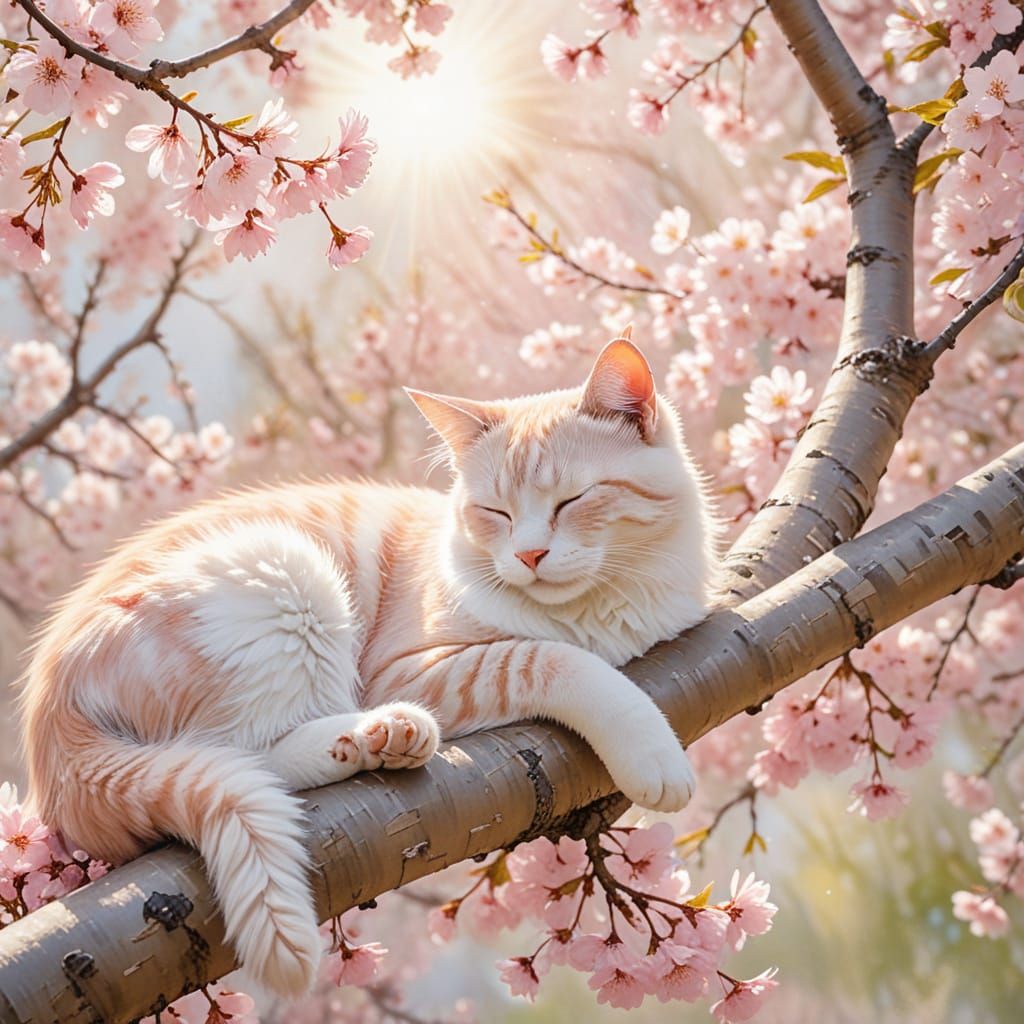 Whimsical Cherry Blossom Cat in Soft Watercolor Style