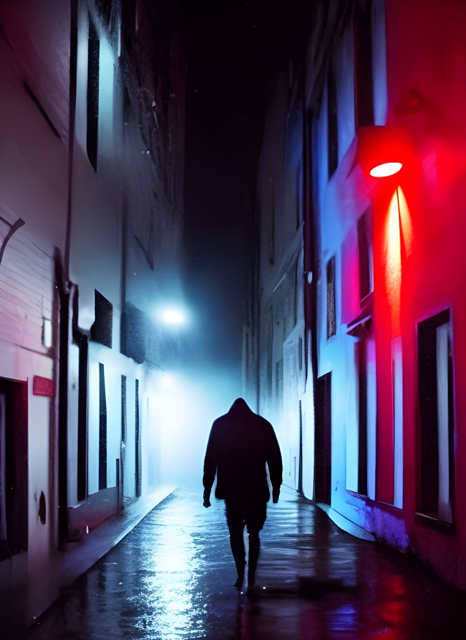 Ominous Escape: Dark Alleyways in Red and Blue