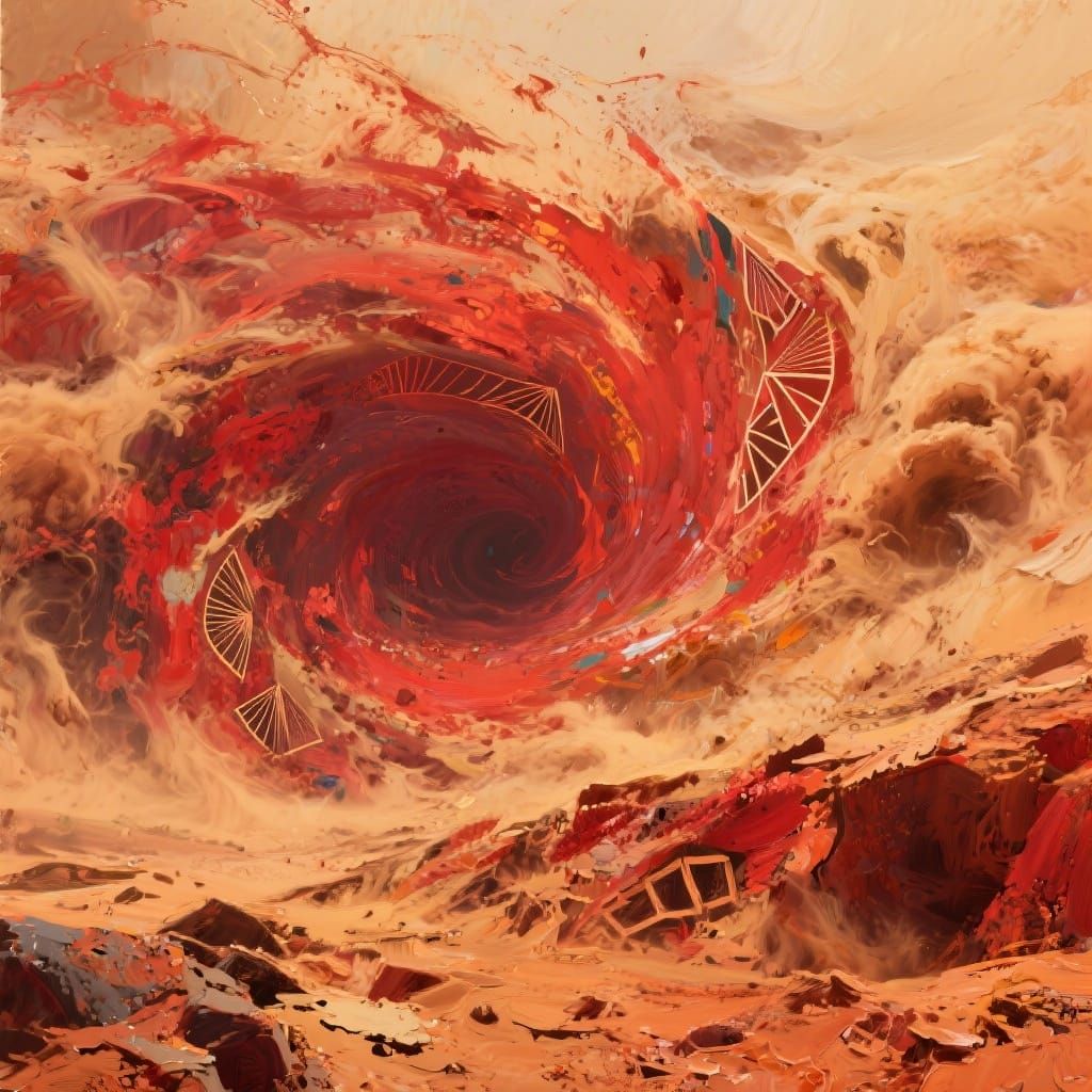 Abstract Martian Dust Storms in Crimson and Ochre