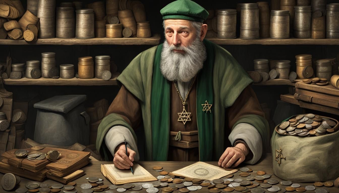 Medieval Jewish Shop Owner with Coins and Parchments