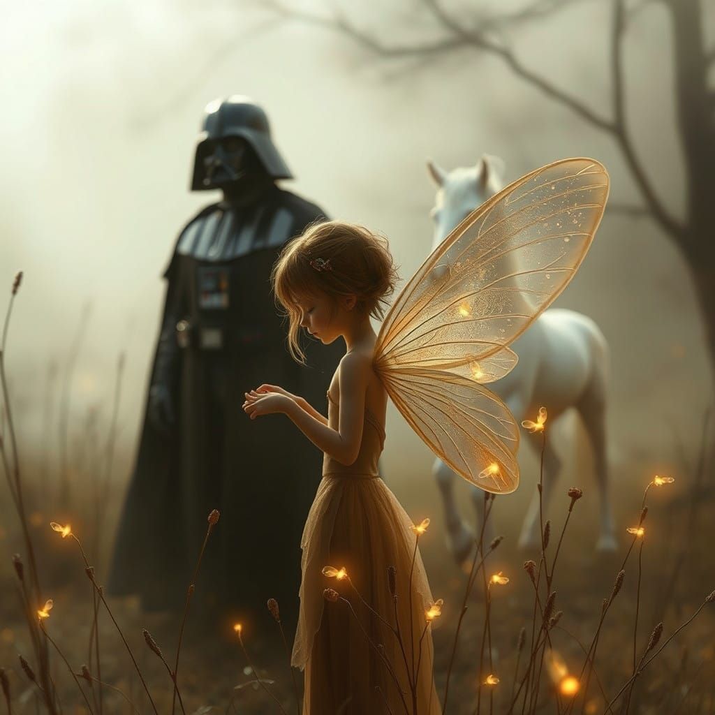 Whimsical Fairy in Sepia Tone with Unicorns and a Hint of My...