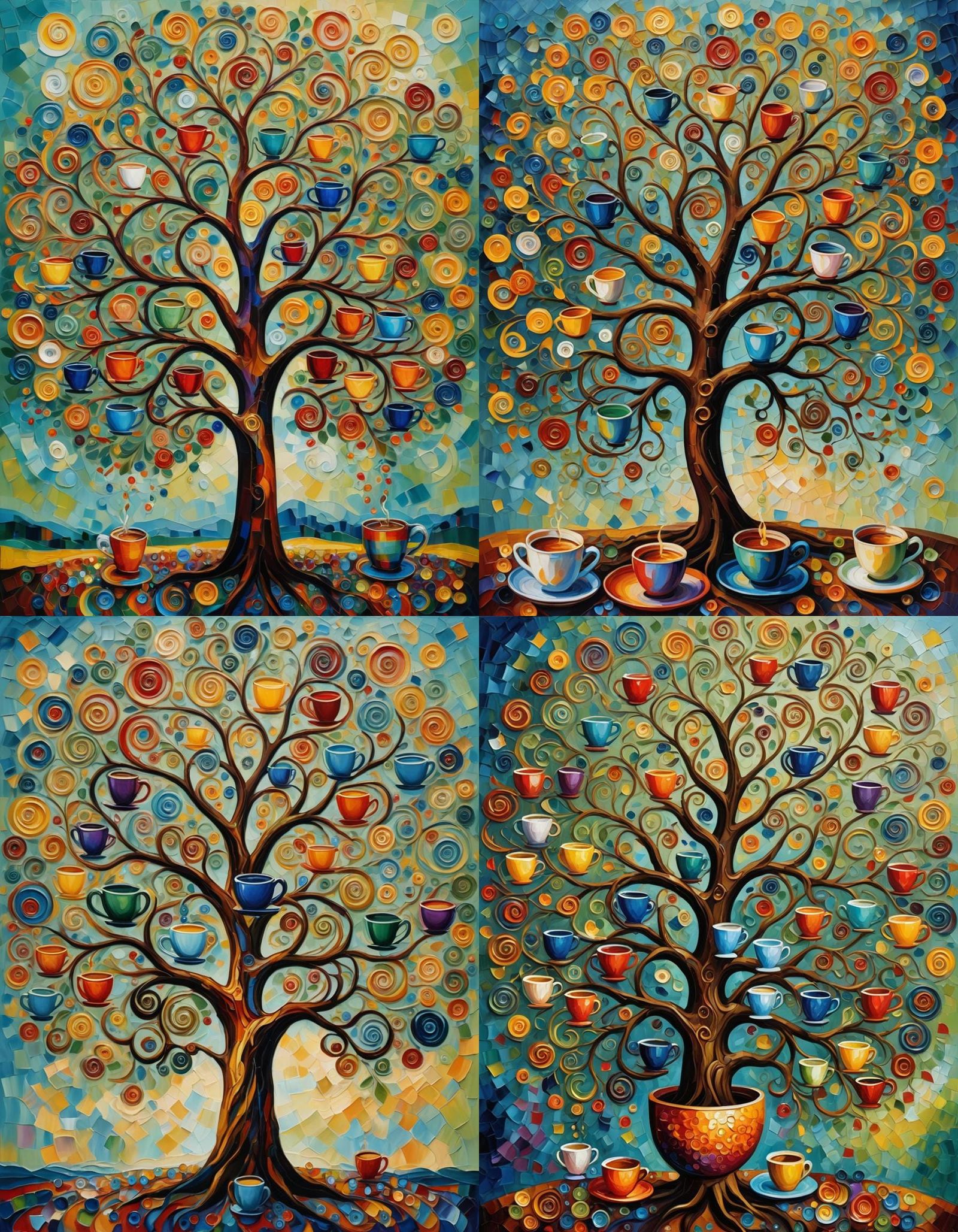 Tree of Life with Swirling Cups: Expressionist Oil Painting
