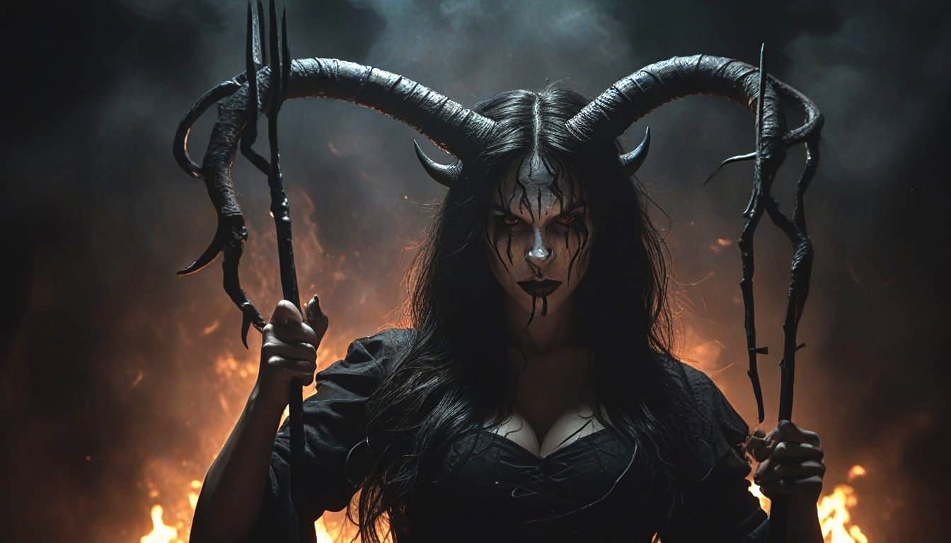 Female Demon with Twisted Horns in Horrorcore Style