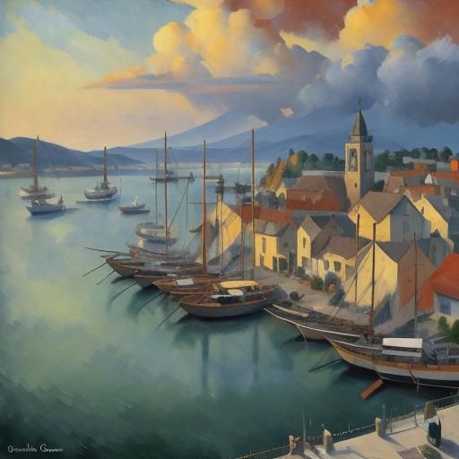 Fantasy Harbor Sunset: Aerial Oil Painting Concept Art