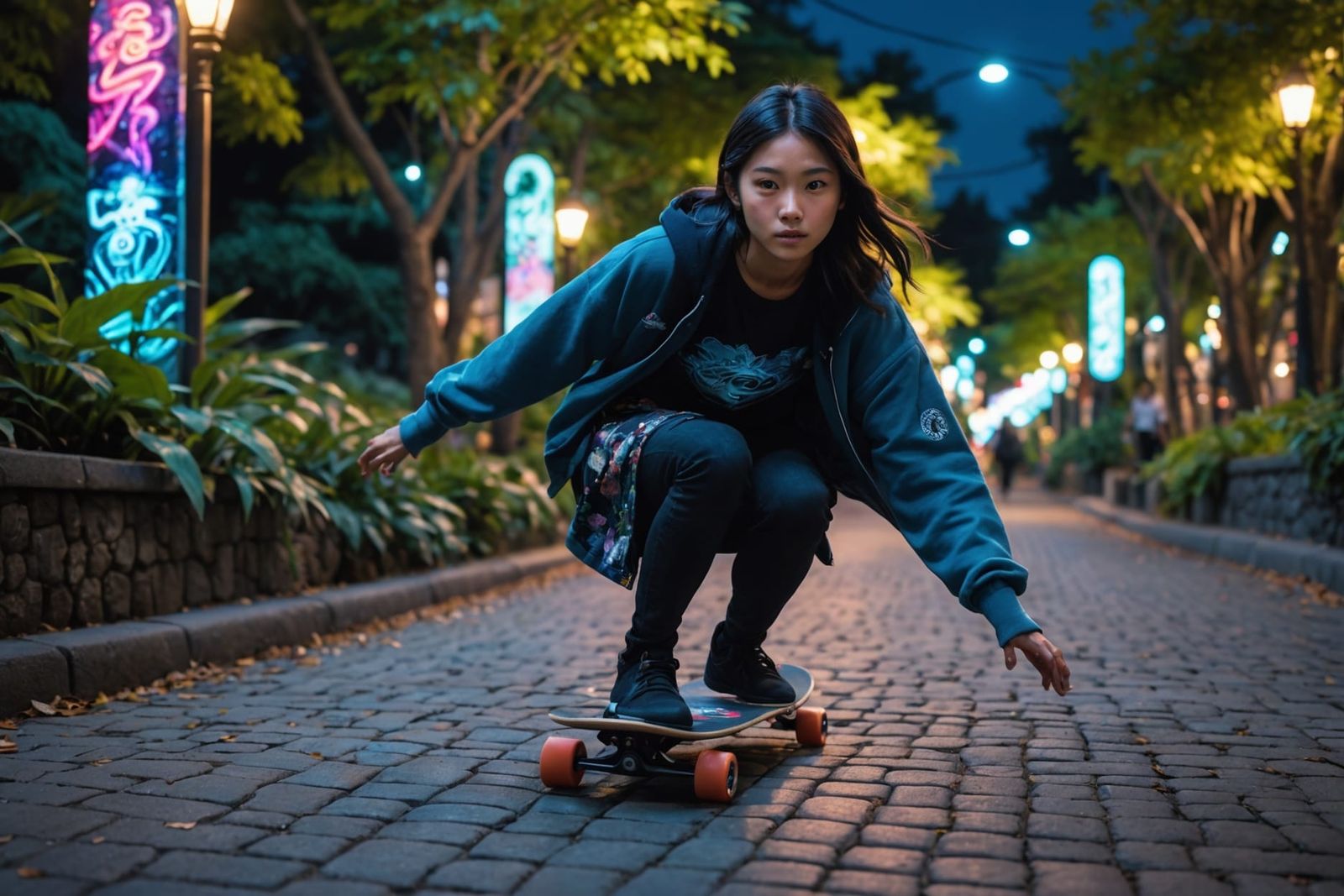 Yokai Maiden Longboarding in Botanical Garden: Photorealisti...