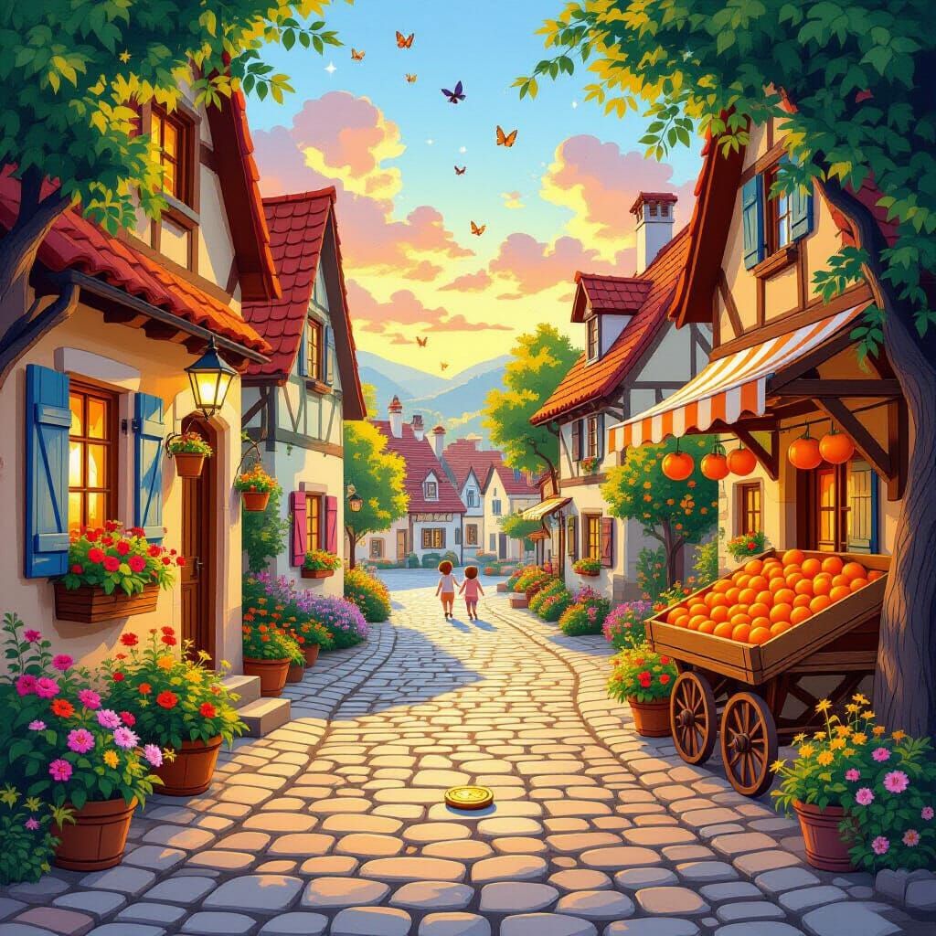 Peaceful Village Sunset with Colorful Houses and Fruit Stand