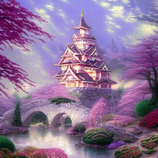 Ethereal Sakura Castle Fantasy Painting