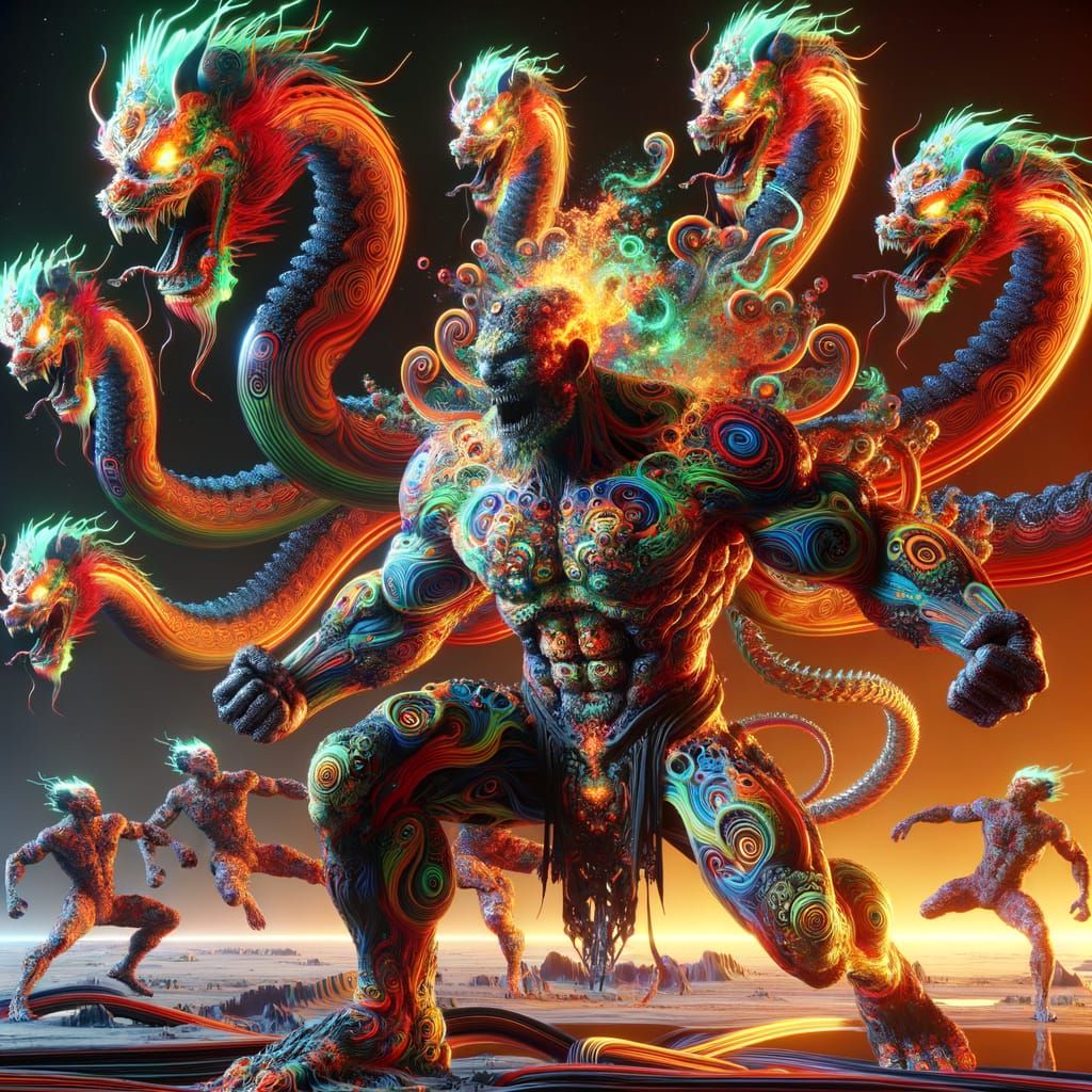 Cyberpunk Cyborg Battles Multicolored Dragon in Eerie Alien ...