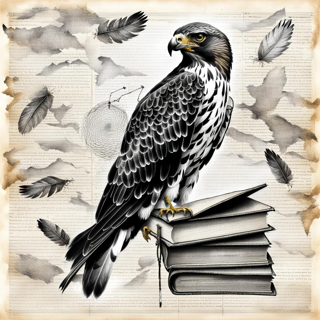 Scientific Hawk Wing with Tattered Book Pages in Black and W...