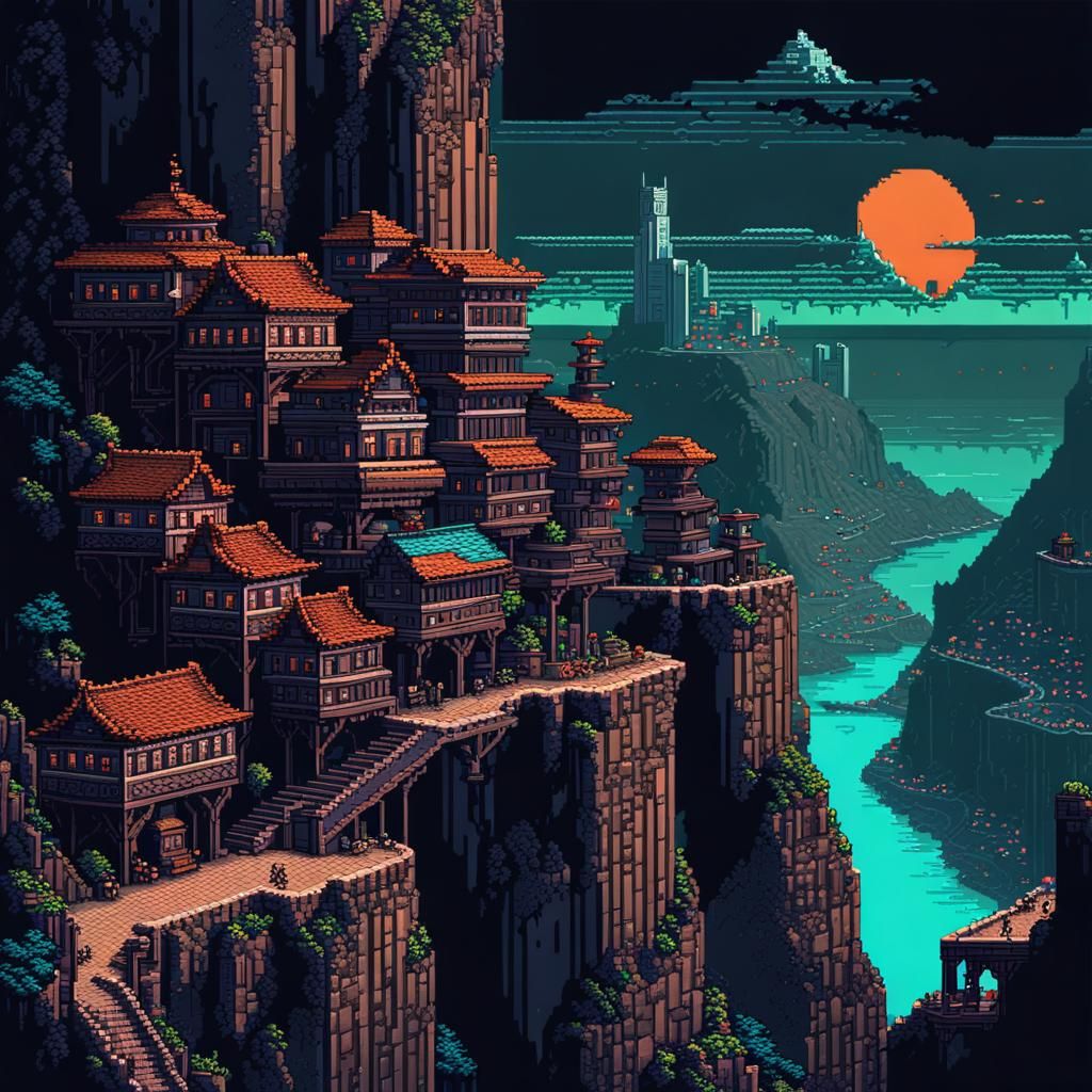 Post-Apocalyptic Cliffside City in 8-bit Pixel Art