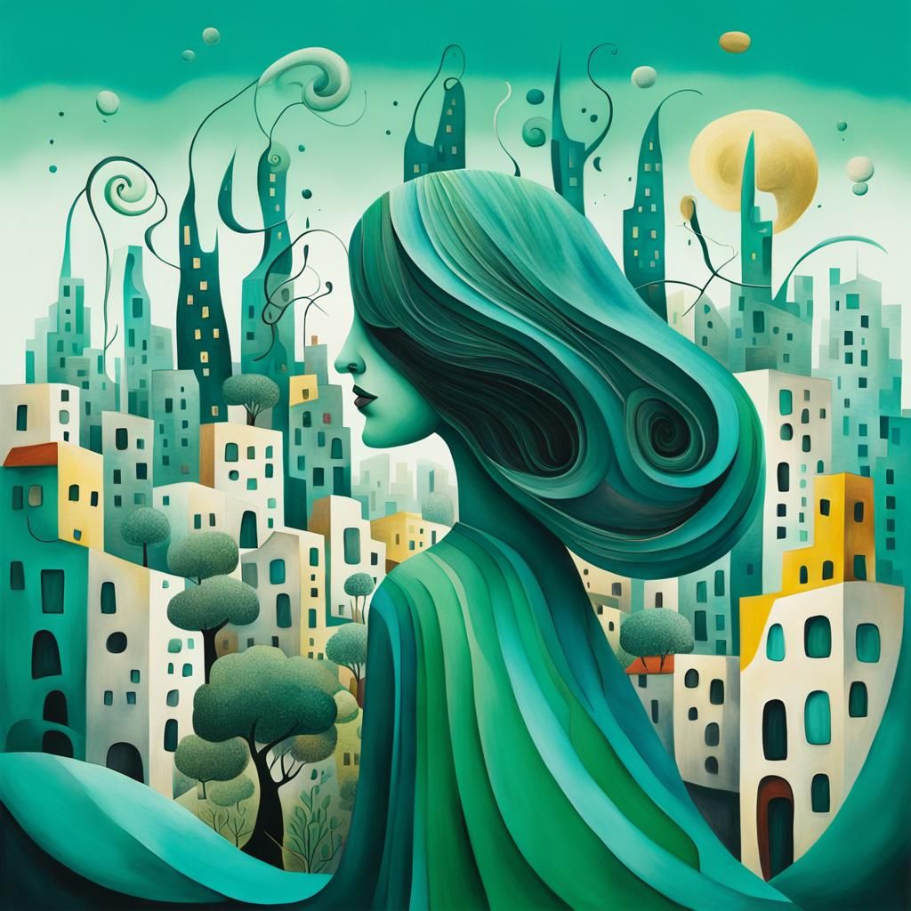 Miró-Style Cityscape: Woman of Buildings and Gardens