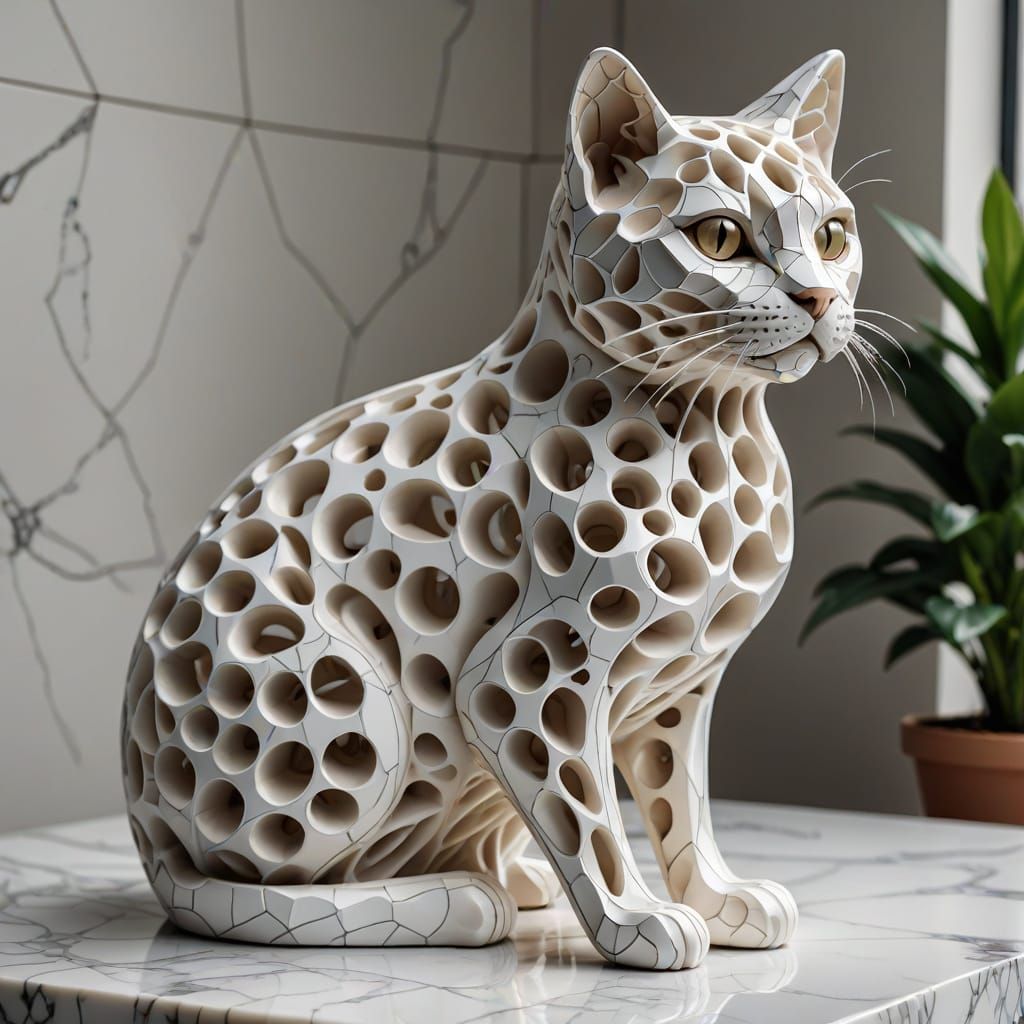 Ethereal White Marble Cat Sculpture in Geometric Voronoi Sty...