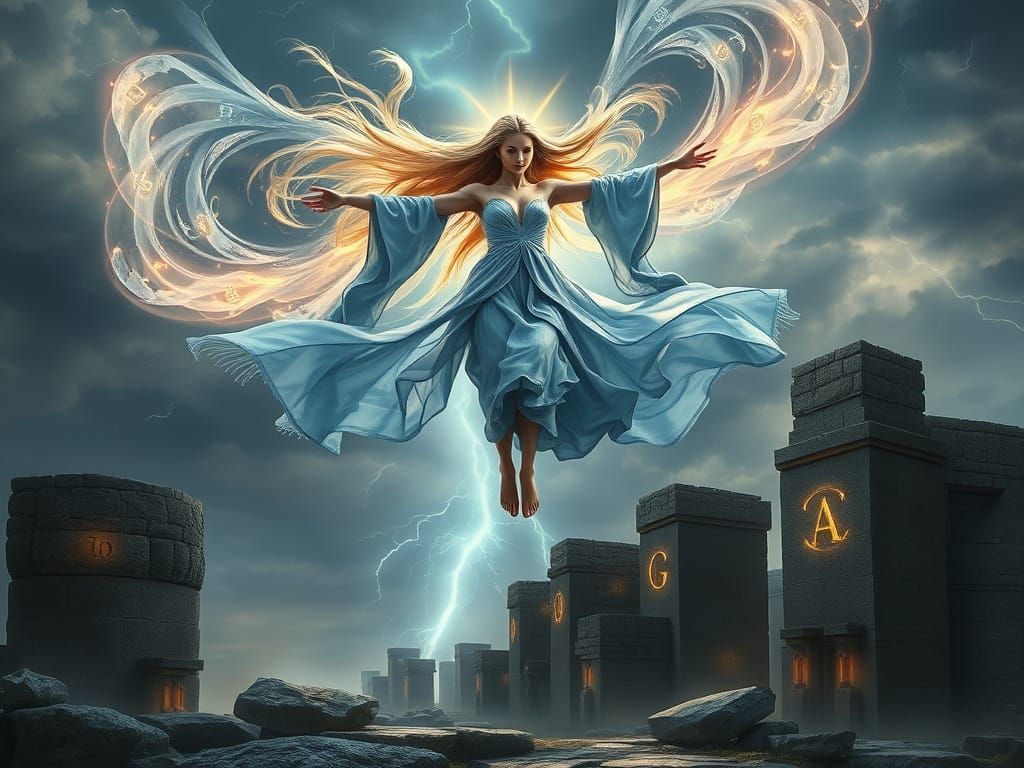 Celestial Wind Sorceress in a Romantic Fantasy Art Style