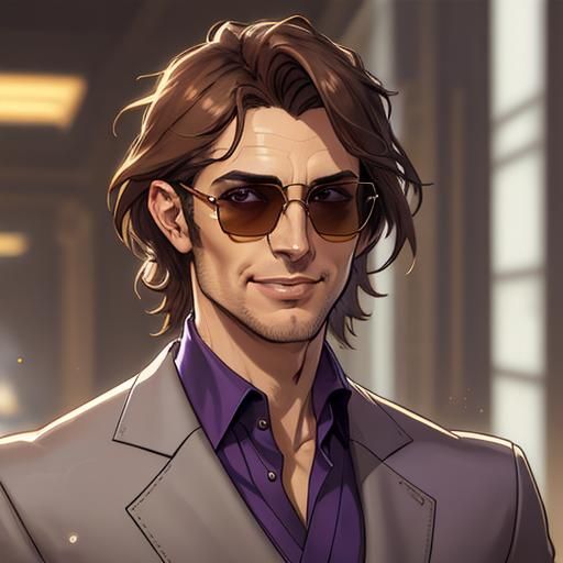 Confident Man with Purple Shirt: Artgerm and Mucha Style