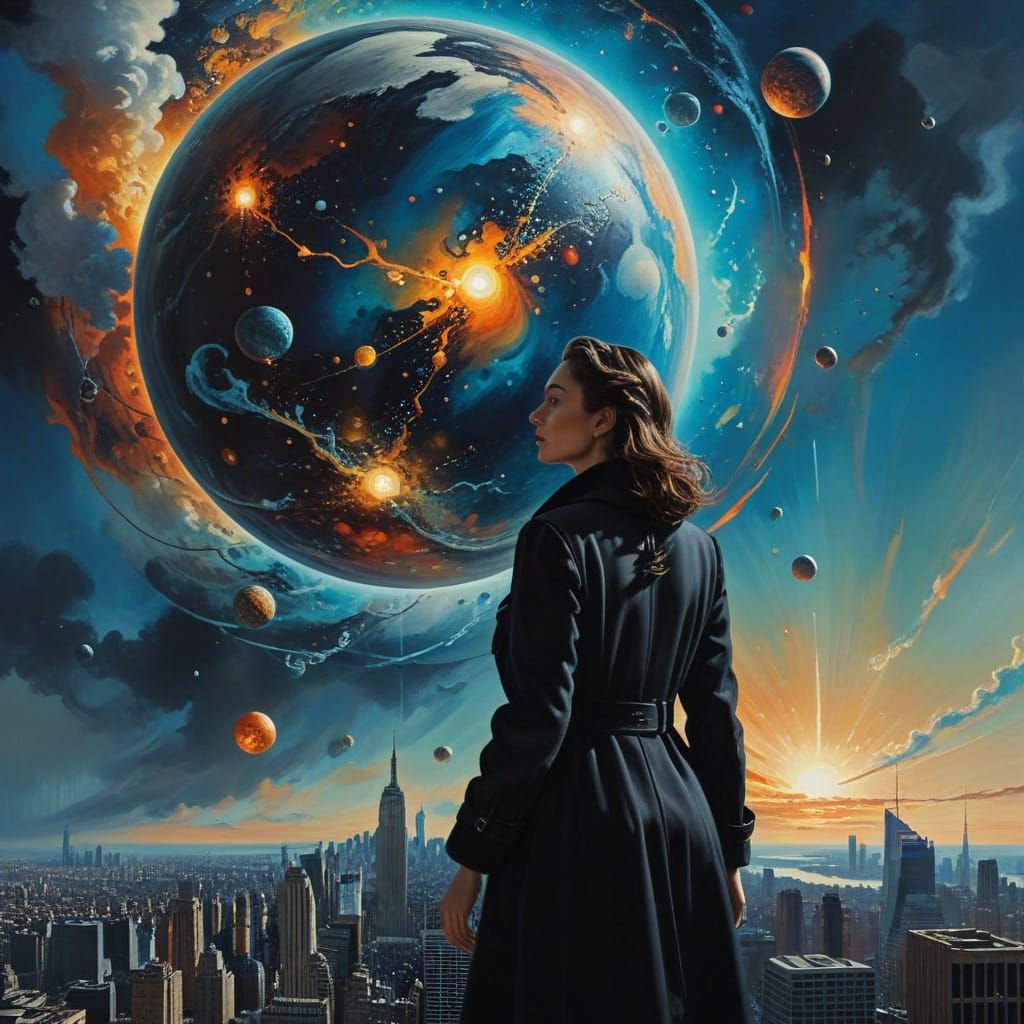 Woman on Skyscraper Gazing at Celestial Sphere, Surreal Oil ...