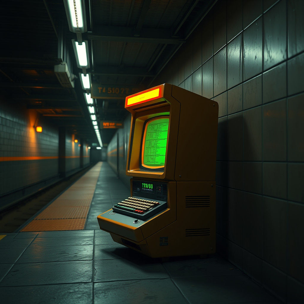Retro-Futuristic Terminal Glows in Abandoned Subway, Matte P...