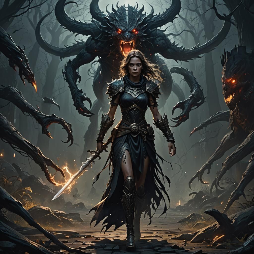 Woman Confronts Darkness in Dark Fantasy Art