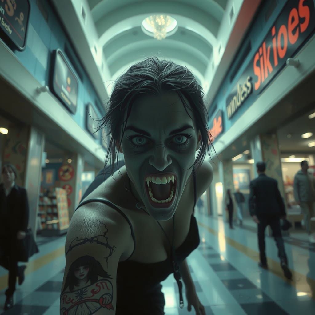 Vampire with elongated canines, prowling through a deserted ...