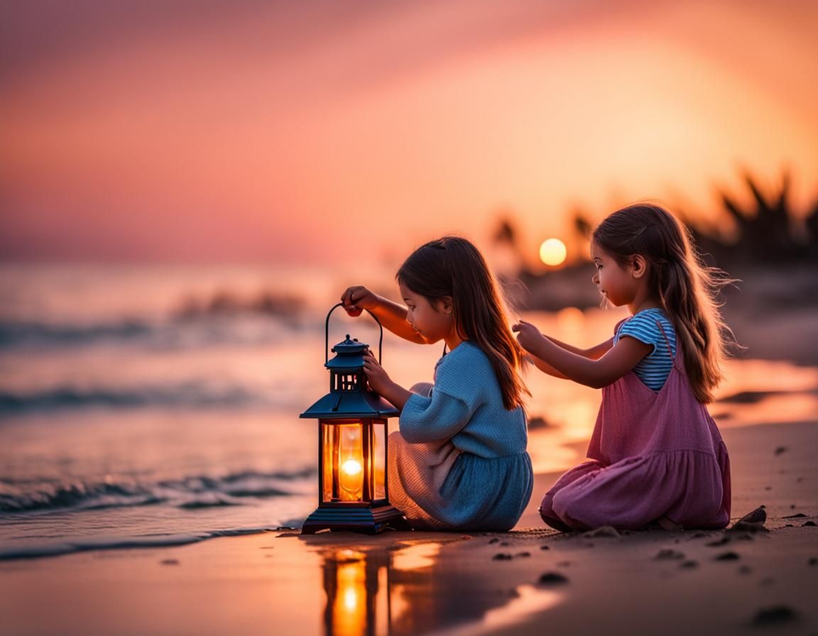 Girls with Lantern on Beach, Art Photography