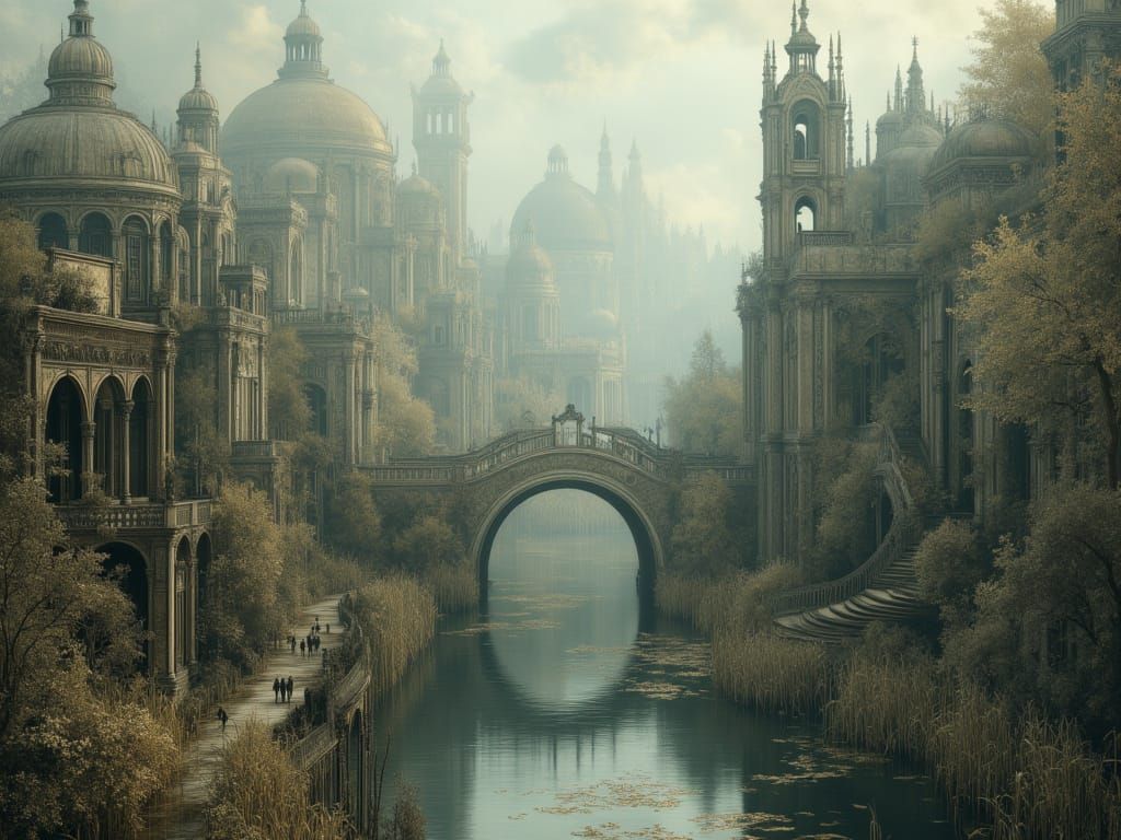 Foggy City Ruins with Collapsing Temples and Marsh Rivers