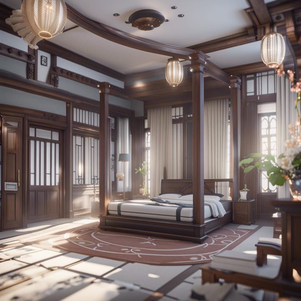 Opulent Japanese-European Bedroom in 3D Game Style