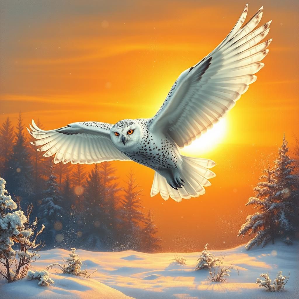 Snowy Owl in Flight at Sunrise, Gurney Style