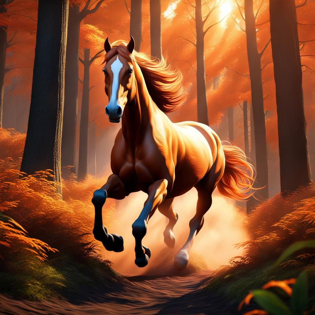 Orange Horse Galloping Through a Forest