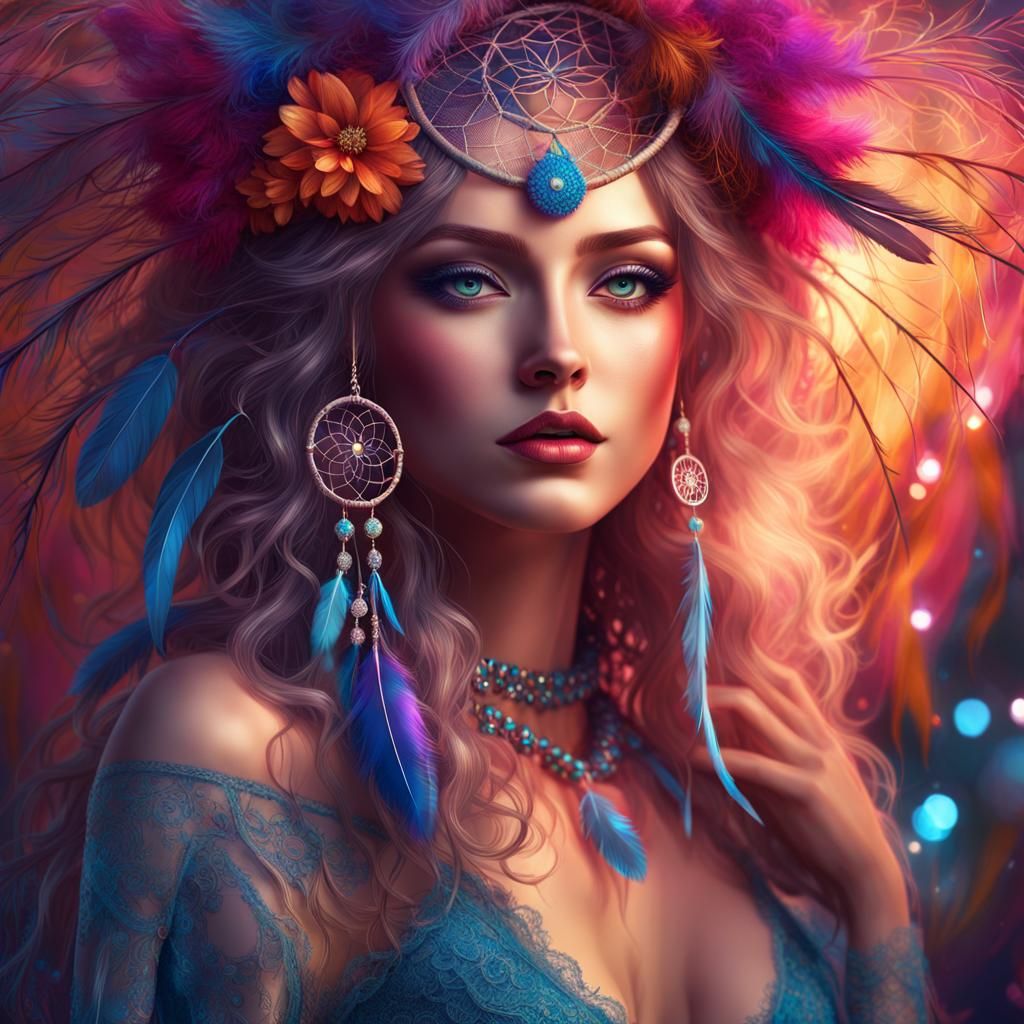Dreamcatcher Woman in Fairy Forest: Digital Art