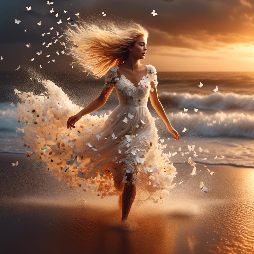 Woman in Butterfly Dress Running on Beach at Sunset
