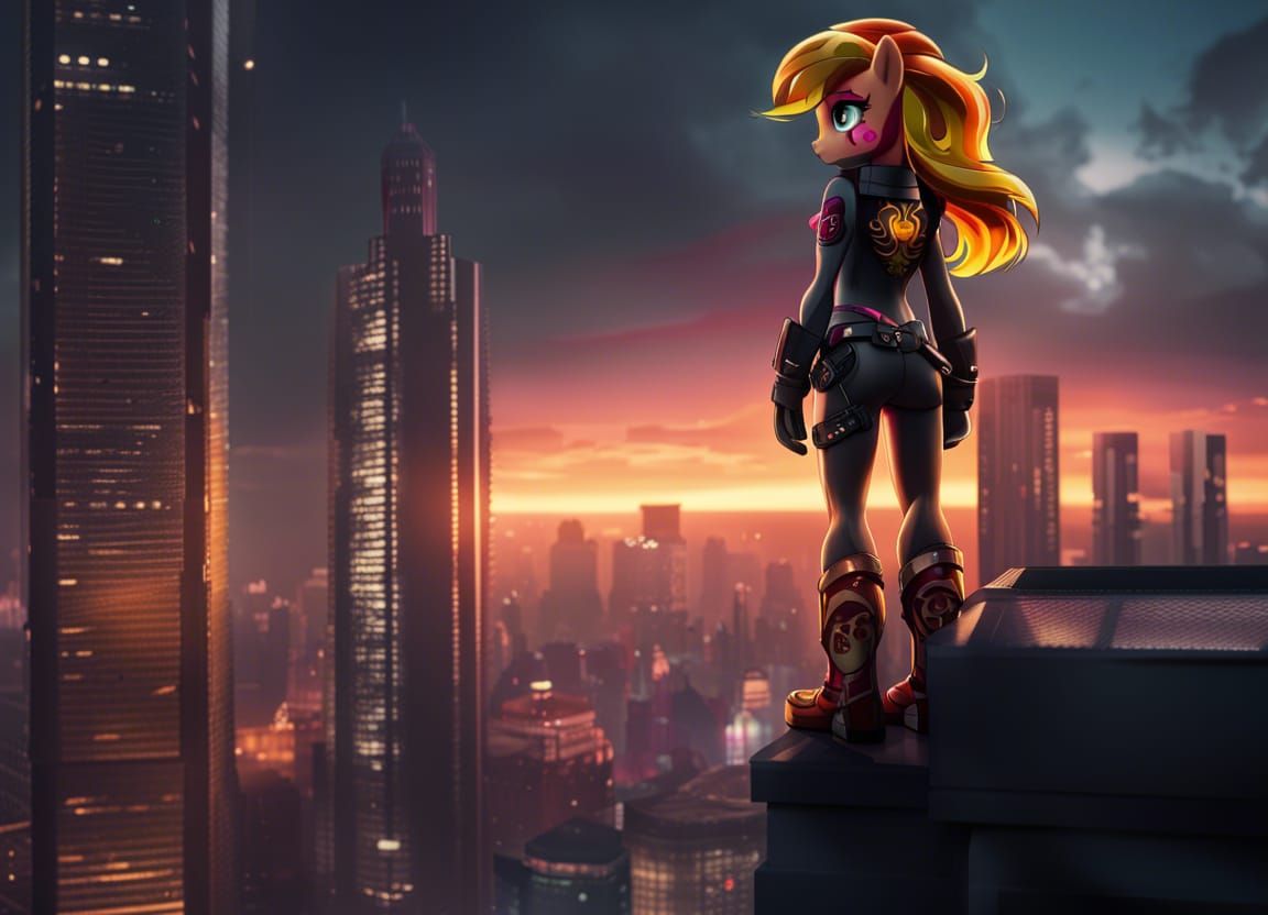 Sunset Shimmer in Cyberpunk City, Hyperrealistic