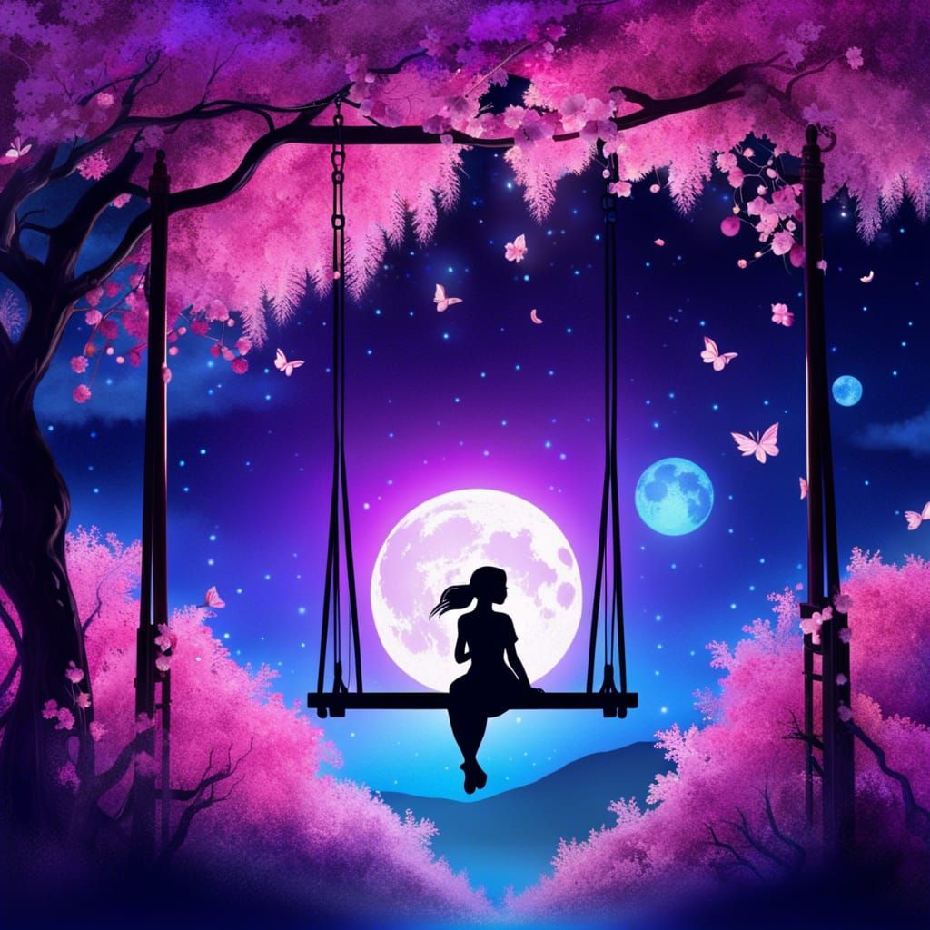 Girl on Swing Silhouette in Neon Watercolor
