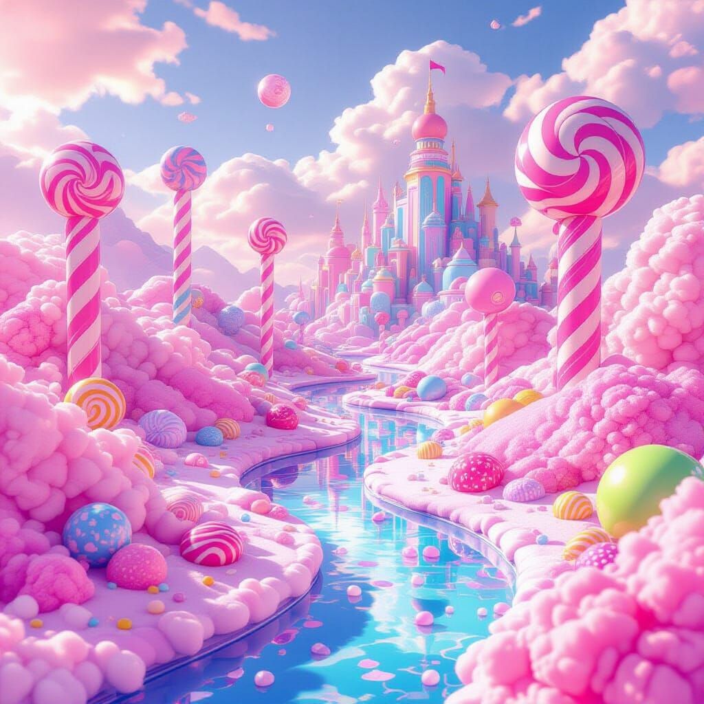 Vibrant Candyland Landscape with Floating Dreams