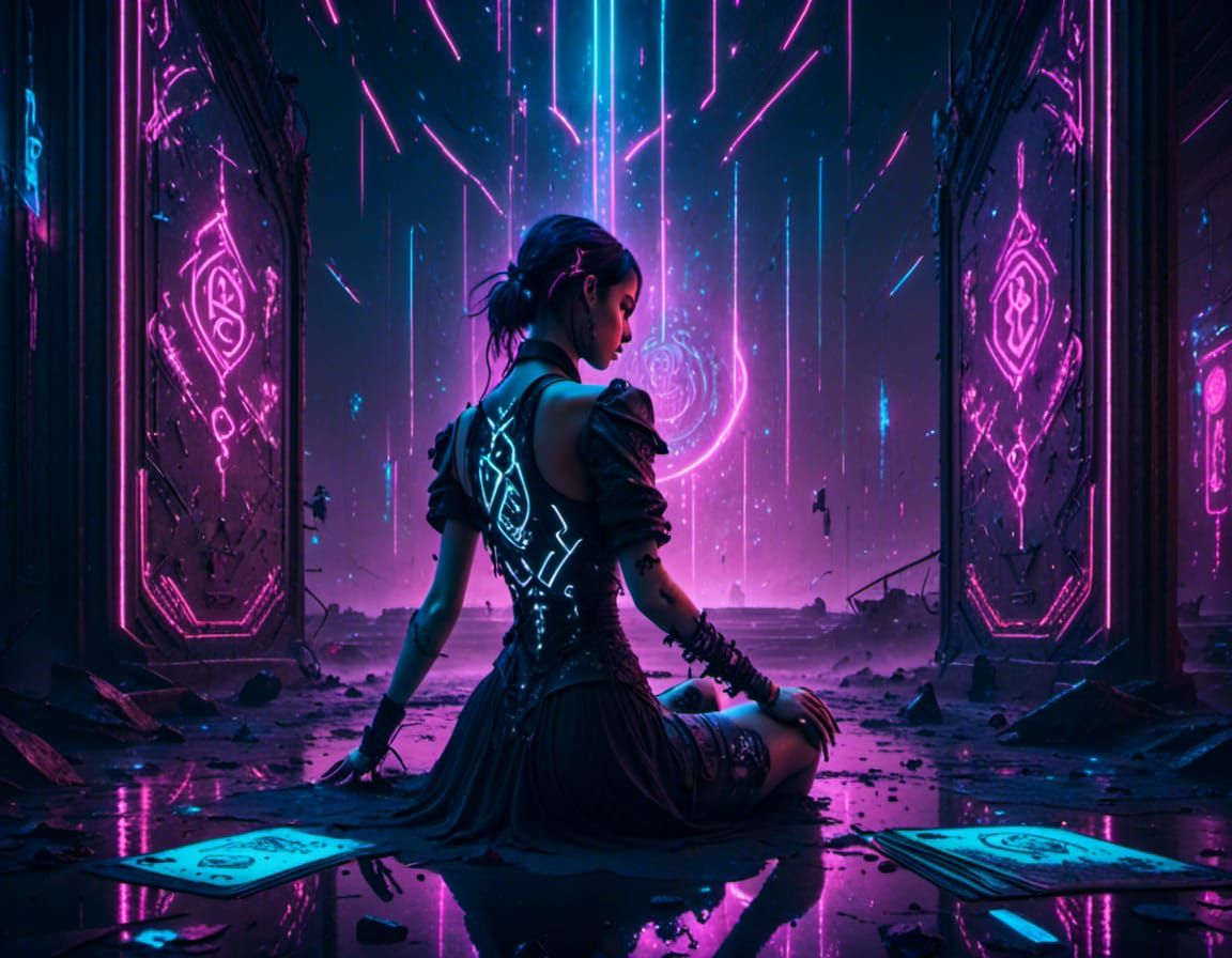 Cyberpunk themed Tarot deck. 8K resolution Unreal Engine 5 <lora:Glowing Runes:1.0>