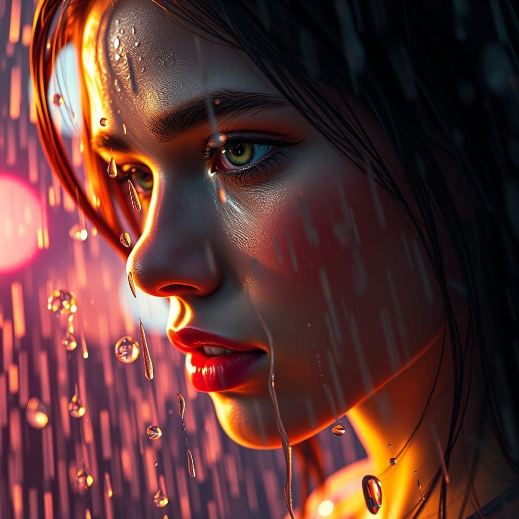 Hyperrealistic Close-Up of Rain in Vibrant Colors