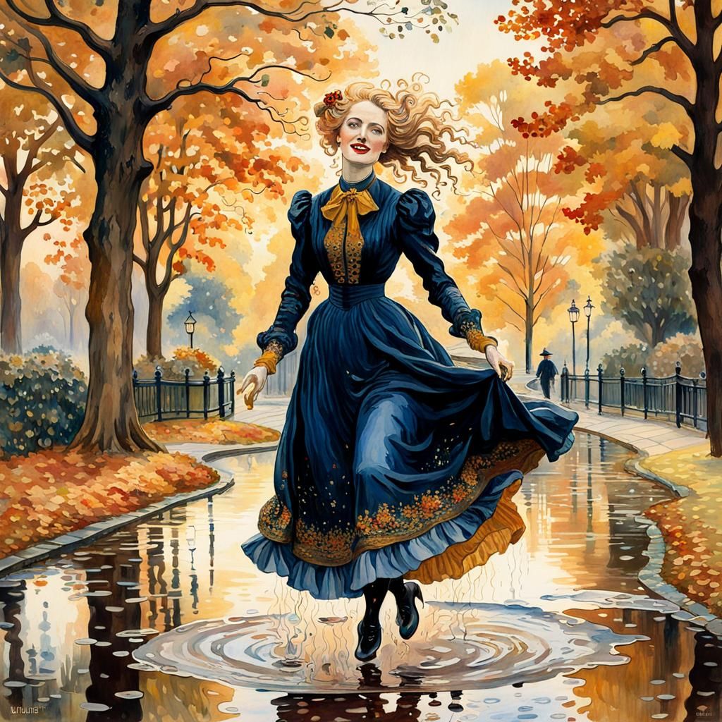 Edwardian Woman Hopping in Autumn Park, Klimt Impressionism