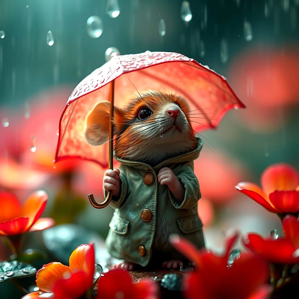 Tiny Mouse with Flower Petal Umbrella in Fantasy Rain