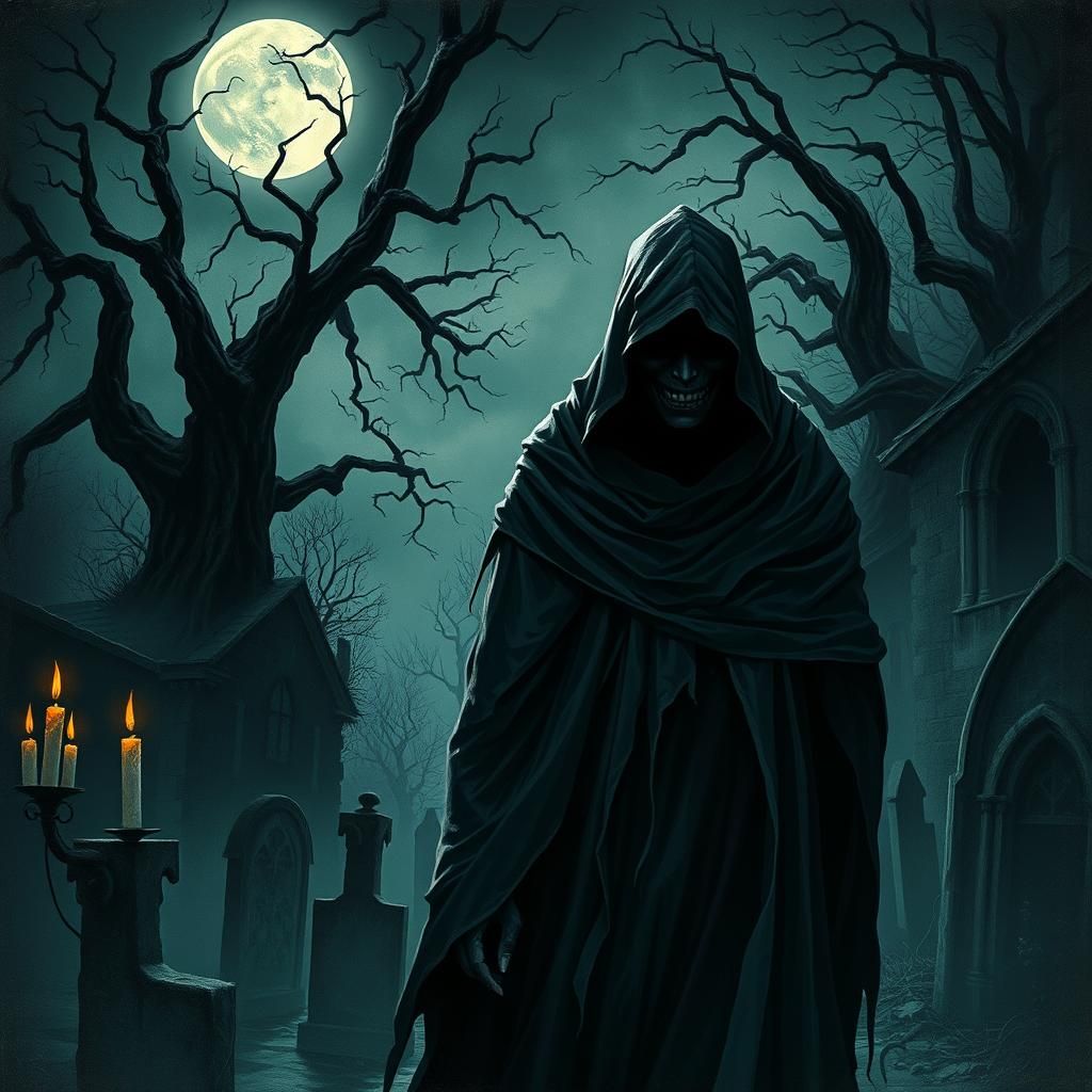 Ominous Hooded Figure in Abandoned Churchyard
