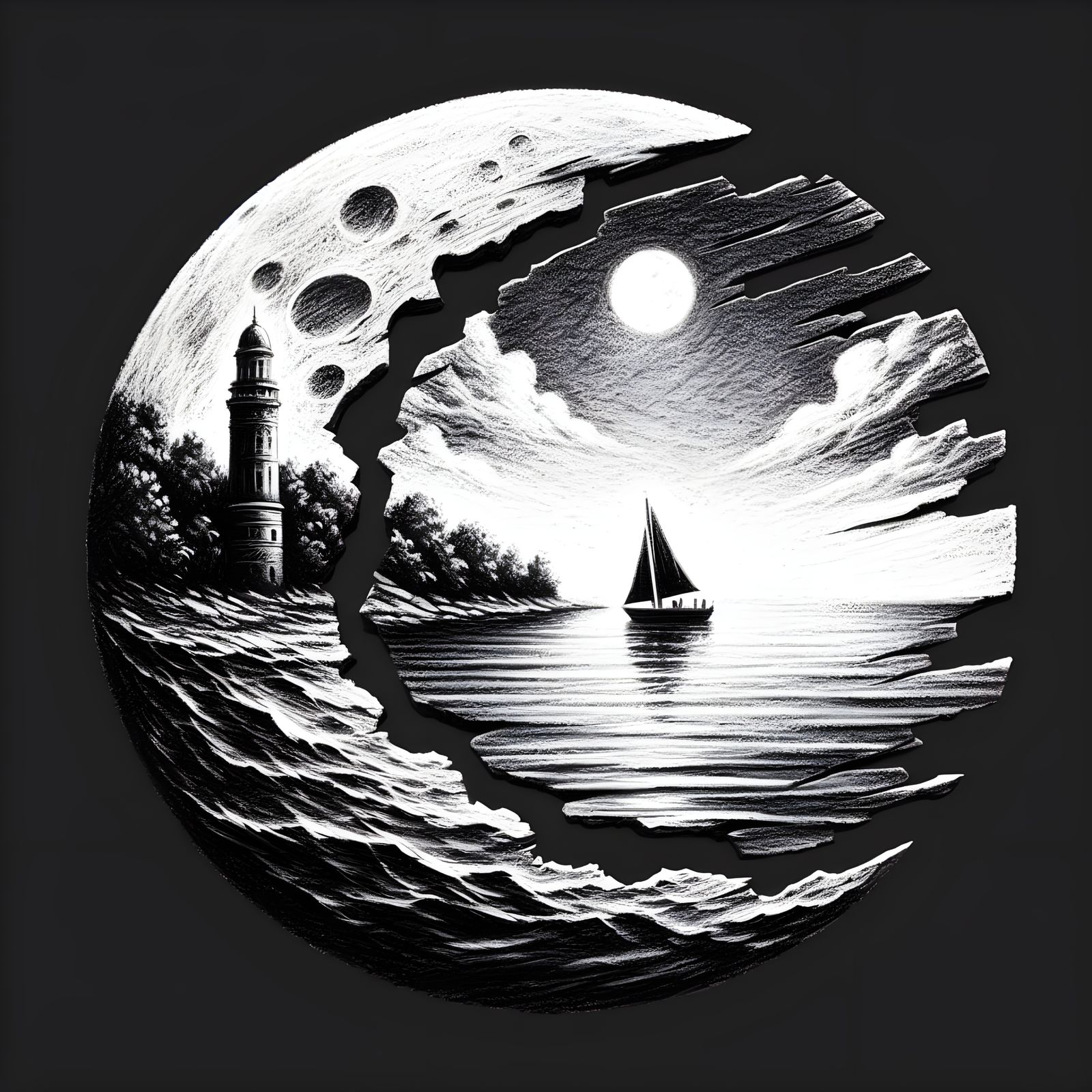 Detailed Charcoal Drawing in Unique Shape