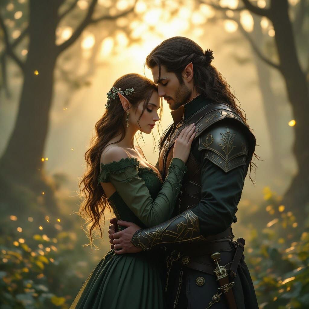 Elven Lovers Embrace in Misty Forest