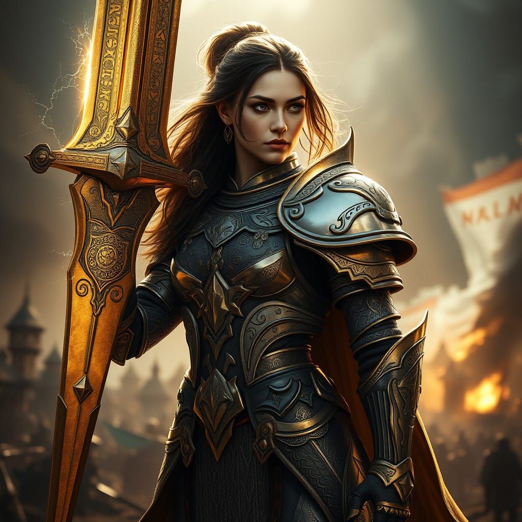 Heroic Fantasy Warrior in Gold and Silver Armor