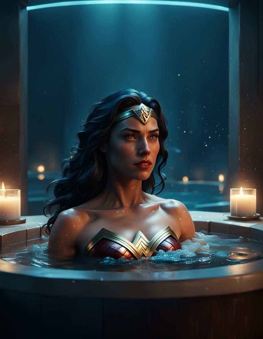 Wonder Woman Relaxing in Art Deco Spa Bath
