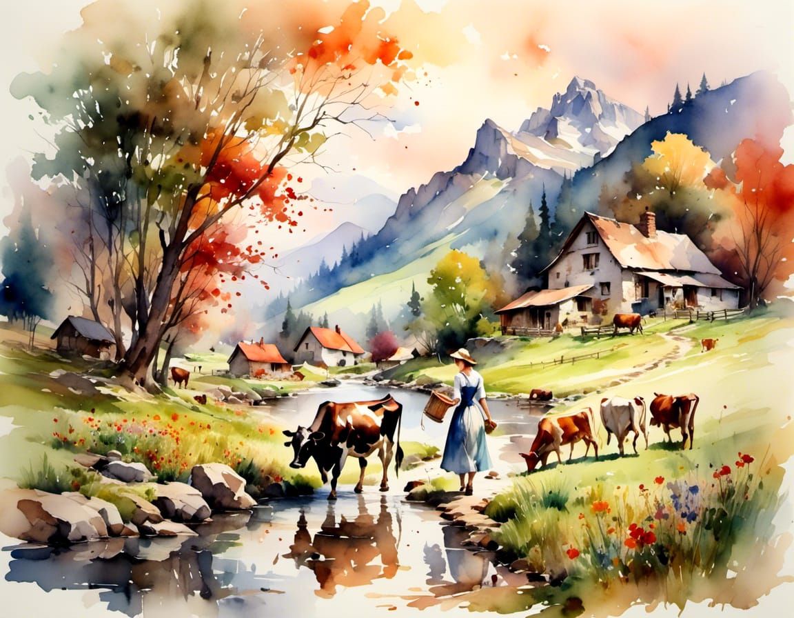 Milkmaid and Cows in Antique Watercolor Style