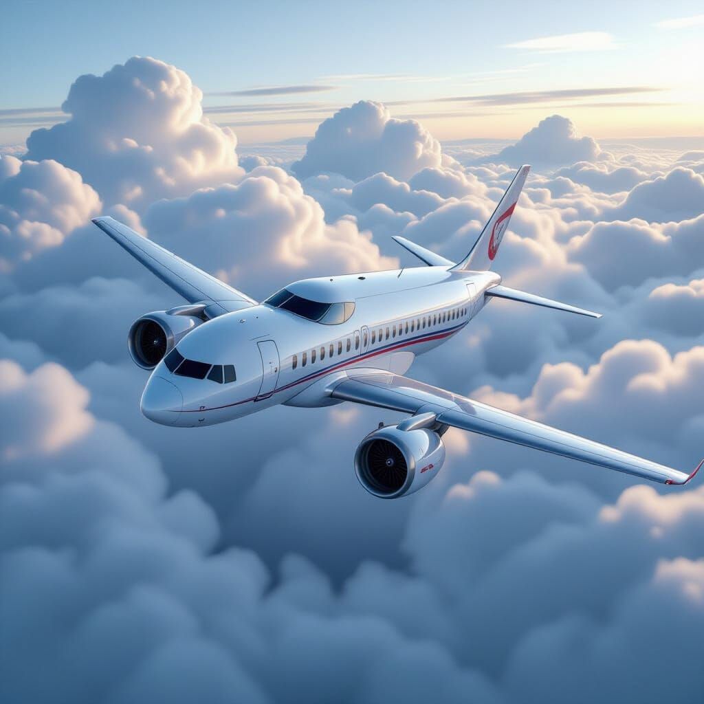 Hyperrealistic Plane Soaring Through Cloudy Skies