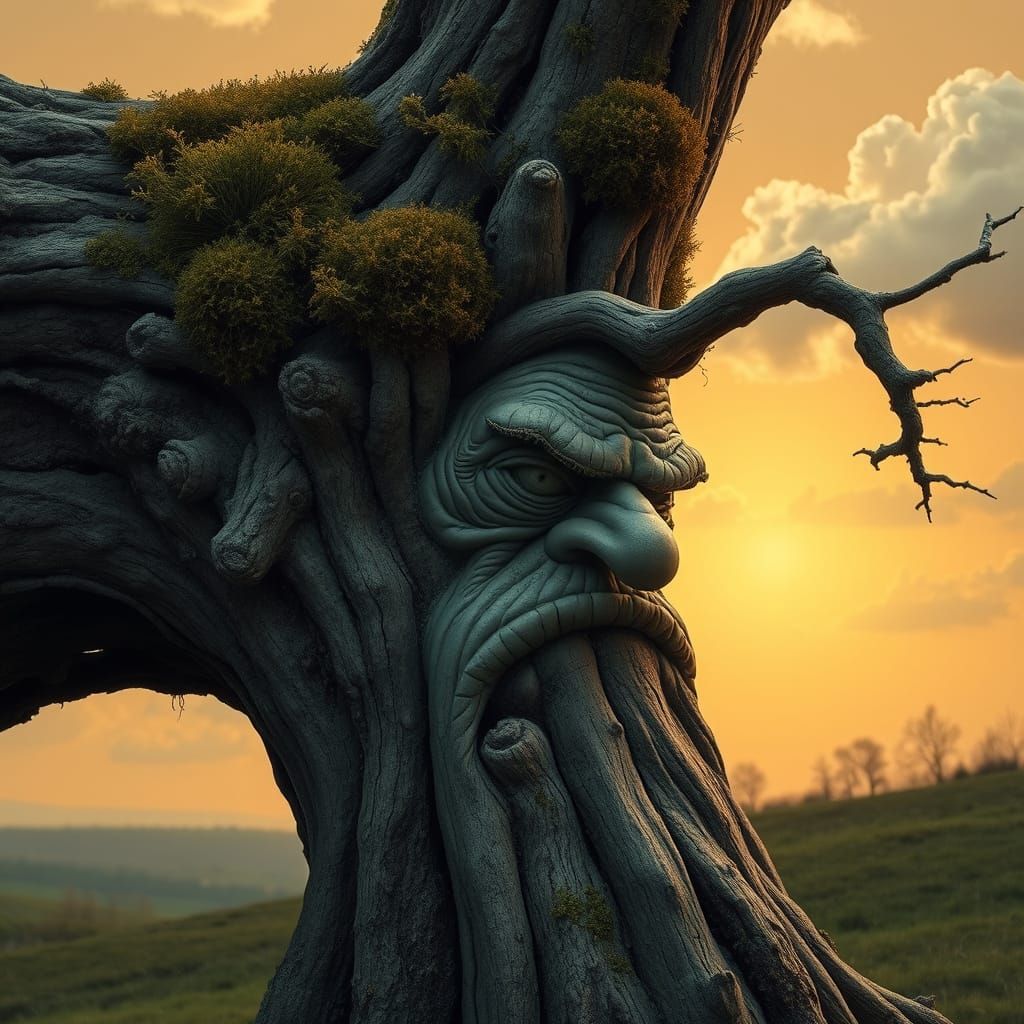 Surreal Landscape with Moss-Covered Tree Face in Golden Suns...
