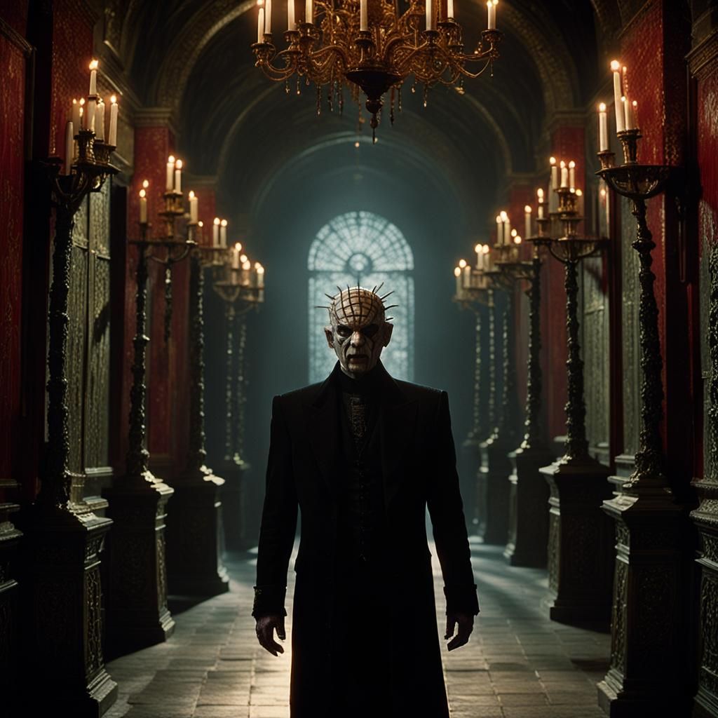 Hellraiser in Ornate Corridor: A Gothic Horror Scene