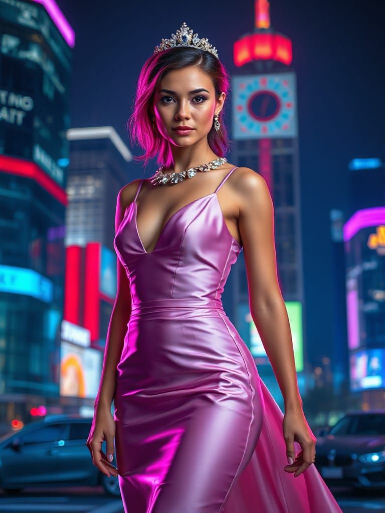 Sleek Modern Princess in Vibrant Cityscape, Digital Art