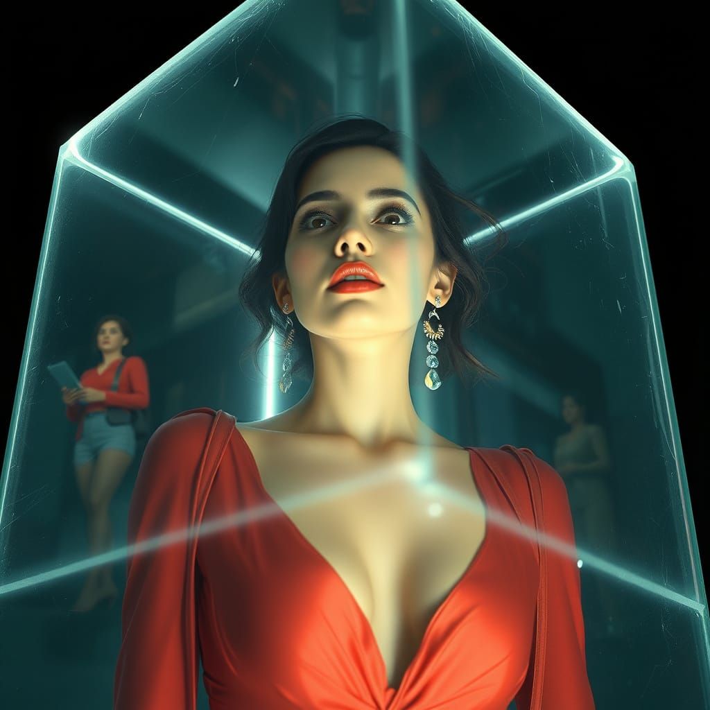 Woman Trapped in Glass Cube, Hyperrealistic Digital Art